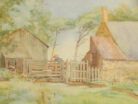 G.M. Greenlees (20thC School). Figure aside gate with cottage and trees in the distance on a summers