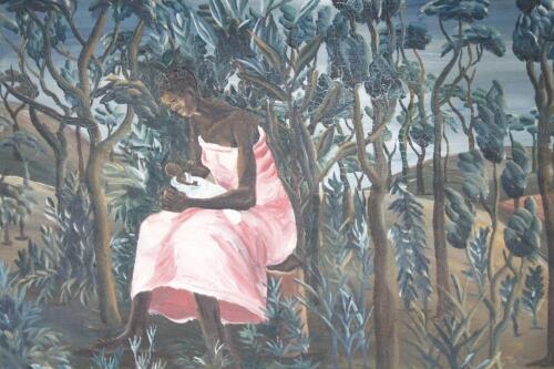 Sam J Ntiro (1923-1993). Figure holding child in a sparse woodland