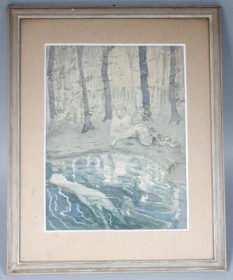 20thC School. Satyr aside lady in a stream before trees - 2