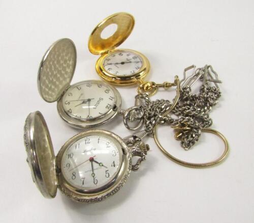 A Louifrey hunter cased pocket watch, embossed with a huntsman and hounds, Satus hunter cased pocket watch, and an Avia gilt metal cased half hunter pocket watch, (3).