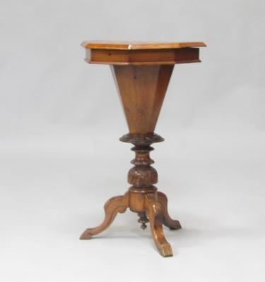 A Victorian walnut and inlaid trumpet sewing table