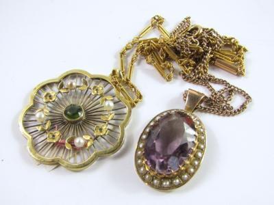 A yellow metal seed pearl and demantoid garnet pendant