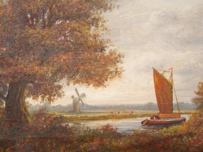 English School (20thC). Landscape with canal and windmill