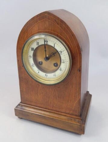 An Edwardian mahogany and boxwood strung Abbot's Top mantel clock