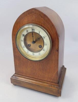 An Edwardian mahogany and boxwood strung Abbot's Top mantel clock