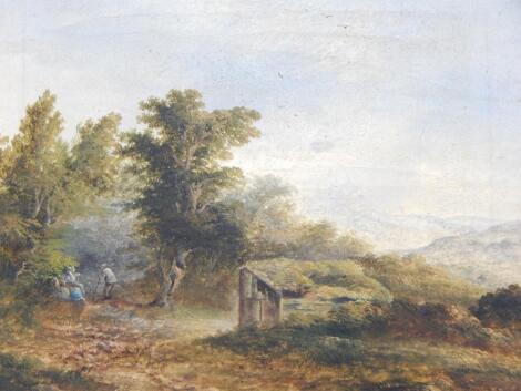 19thC English School. An old hut and figures in a landscape