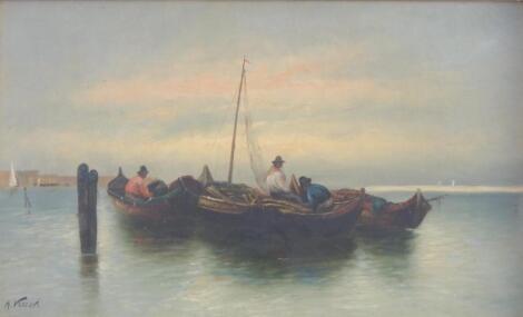 A Vescovi (19thC). Fishing smacks in coastal landscape