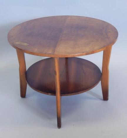 An Art Deco style quarter veneered walnut two tier table