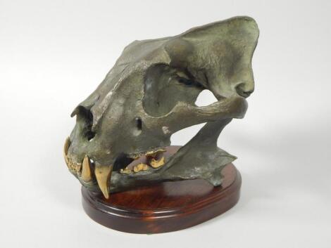 A green patinated and polished bronze model of a lion skull