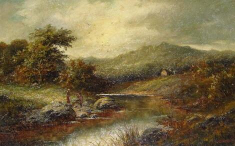 19thC School. Figures aside stream with cottage and mountains in the distance