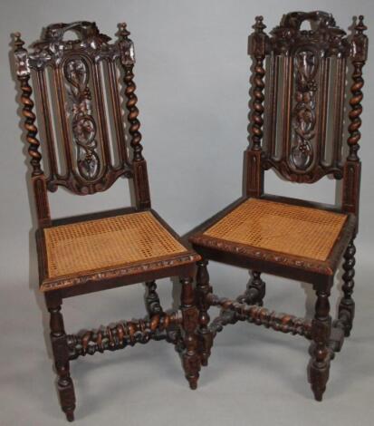 A matching pair of late 19thC stained oak Carolean style chairs