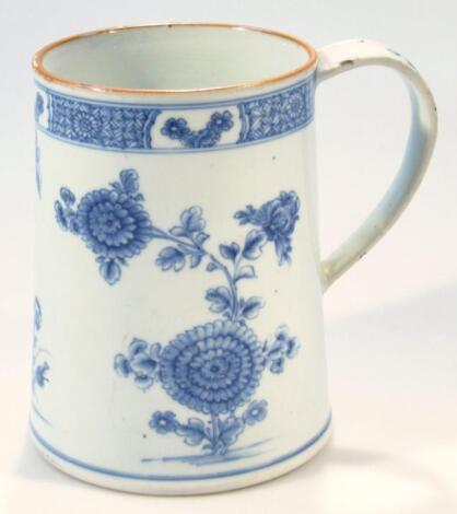 An 18thC Chinese export blue and white porcelain ale tankard