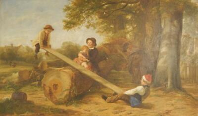 Thomas Webster (1800-1886). Children playing see-saw in woodland landscape