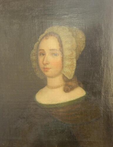 18th/19thC English School. Head and shoulders portrait of a lady wearing a lace bonnet