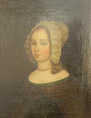 18th/19thC English School. Head and shoulders portrait of a lady wearing a lace bonnet