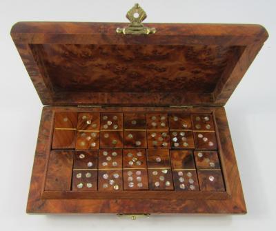 A Burr walnut travel domino set