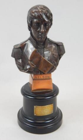 A bronze coloured metal and copper bust of Admiral Lord Nelson