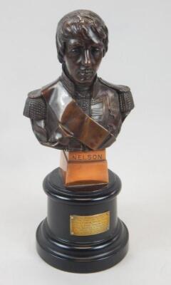 A bronze coloured metal and copper bust of Admiral Lord Nelson