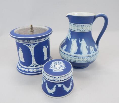 Three items of dark blue Wedgwood Jasperware