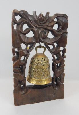 An oriental hardwood and white metal temple type bell stand - 4