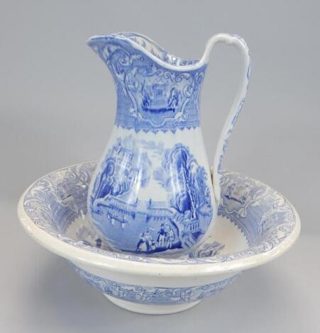 A 19thC Staffordshire pottery blue printed jug and bowl