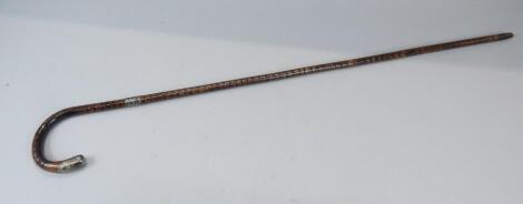 A walking cane with silver collar and handle.