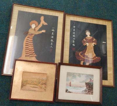 Two 20thC Oriental collage pictures of ladies