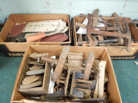 Three boxes of wooden and other tools