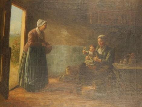 A late 19th-early 20thC Dutch School. Interior scene with figures in typical dress