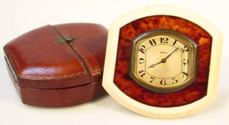 A 1930's Art Deco tortoiseshell and ivory travel clock