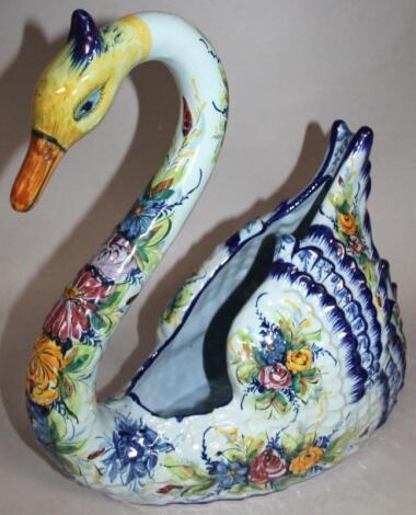 A modern Portuguese tin glazed model of a swan