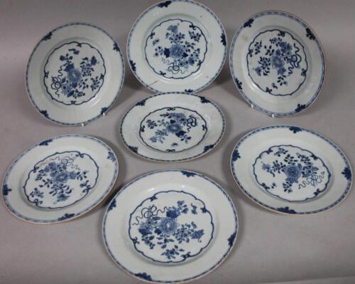 A matched set of seven 18thC Chinese blue and white porcelain plates