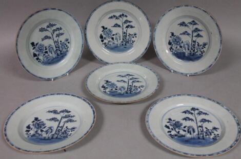 A near matching set of six 18thC Chinese blue and white porcelain plates