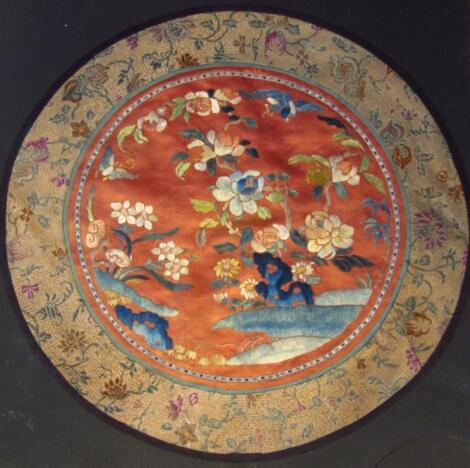19thC Chinese School. Flowers on a plain orange ground with floral border