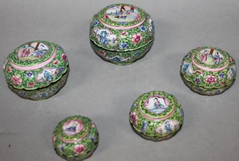 A set of five graduated Chinese cloisonne enamel bowls and covers