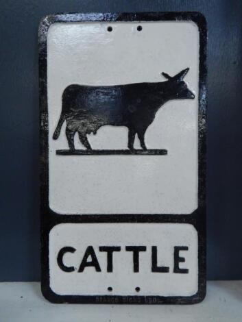 A cast aluminium Cattle road sign