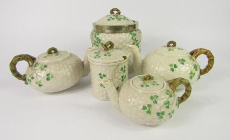 A group of Belleek porcelain decorated in the Shamrock pattern