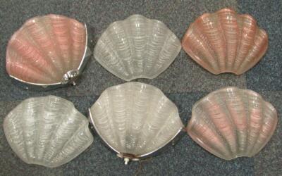 Six Art Deco frosted clear glass on pink reverse painted shell form wall lights