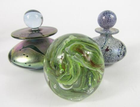 A green and silver lustre scent bottle and stopper