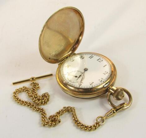 An Elgin gentleman's gold plated hunter cased pocket watch, keyless wind, enamel dial bearing Arabic numerals, subsidiary seconds dial, No 2186495, on a later Albert chain.