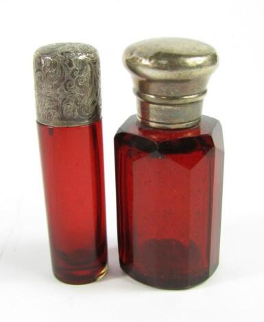 A Victorian cranberry glass scent bottle