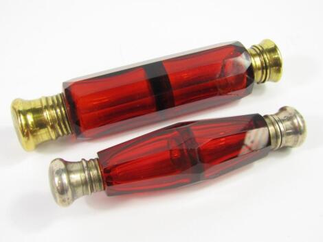 A Victorian cranberry glass double ended scent and smelling salts bottle