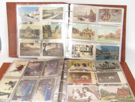 Two albums of Edwardian and later topographical and sentimental postcards