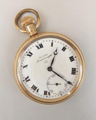 A mid 20thC gold plated Record open face top wind pocket watch