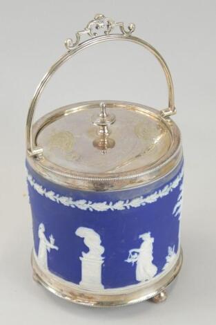 A Wedgwood & Co Limited dark blue Jasperware biscuit barrel