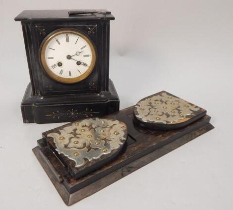 A late 19thC French black slate mantel clock