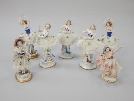 Seven 20thC Dresden type crinoline ladies