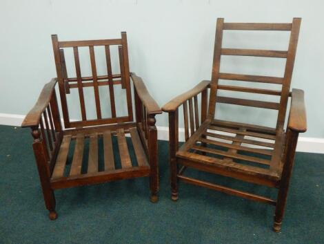 Two similar 1920s/30s oak reclining armchairs