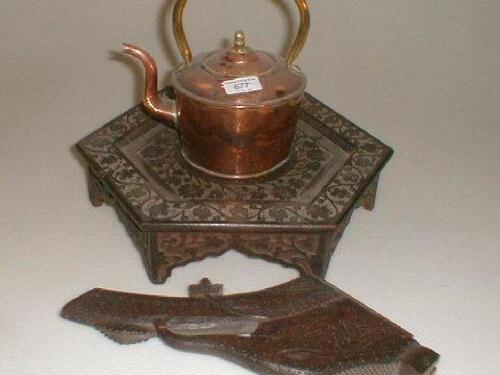 A Victorian copper kettle and a hardwood table