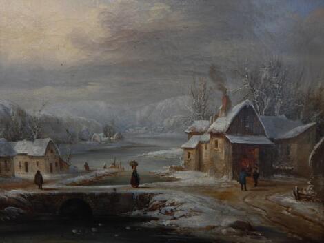 19thC Continental School. Village winter scene